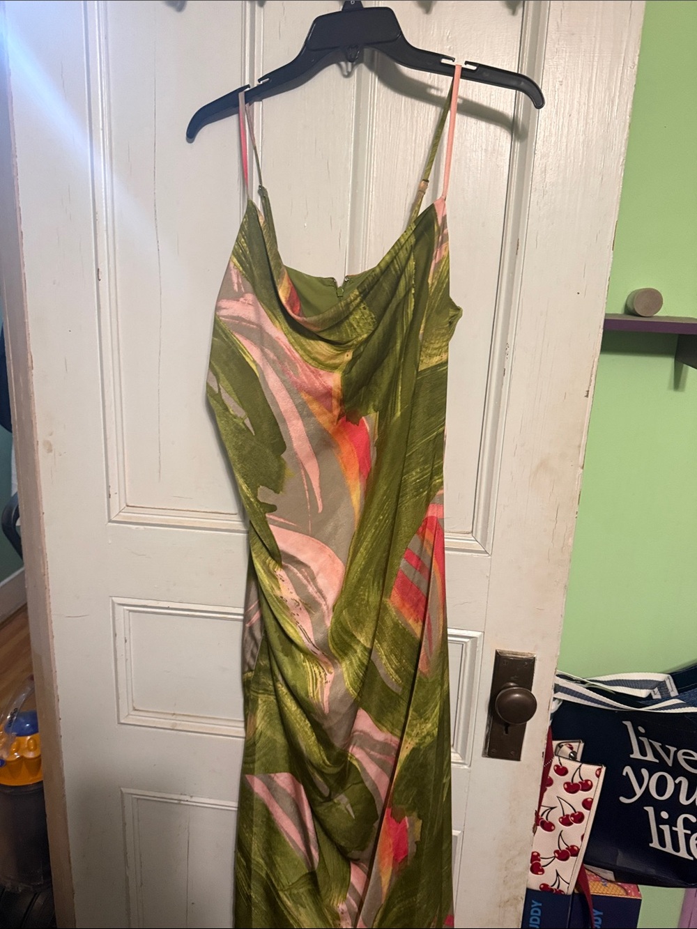 BCBG Olive Green Slip Dress with Pink Accents